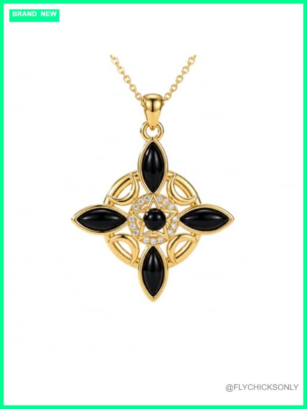 14K Gold Plated Witch Knot Necklace Black Onyx Mystical Pendant